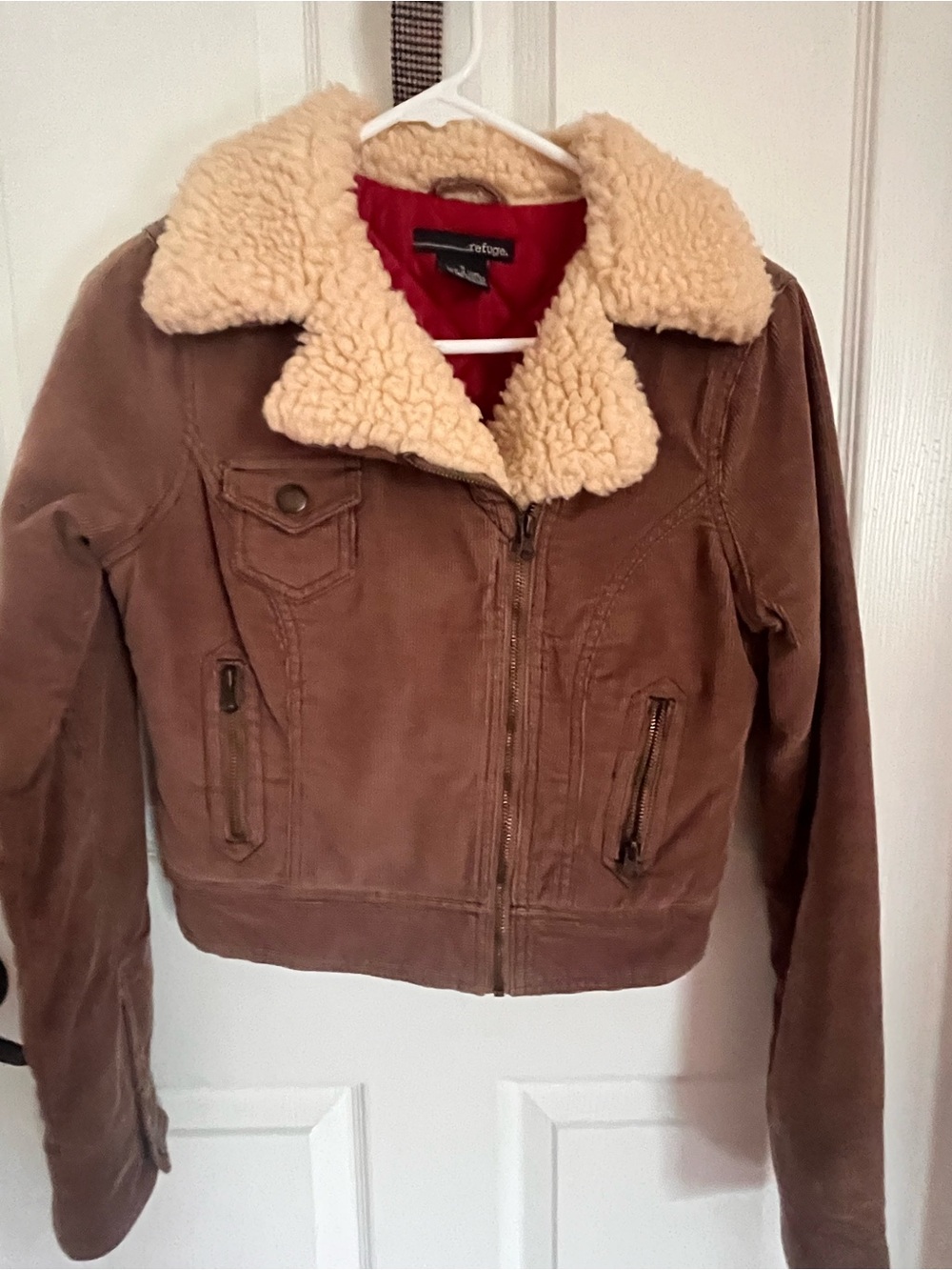 Cozy corduroy  Refuge Quilted Jacket with Sherpa Trim - Red and Pastel Brown